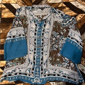 Citron Teal, Brown & White Floral Print Kimono Jacket